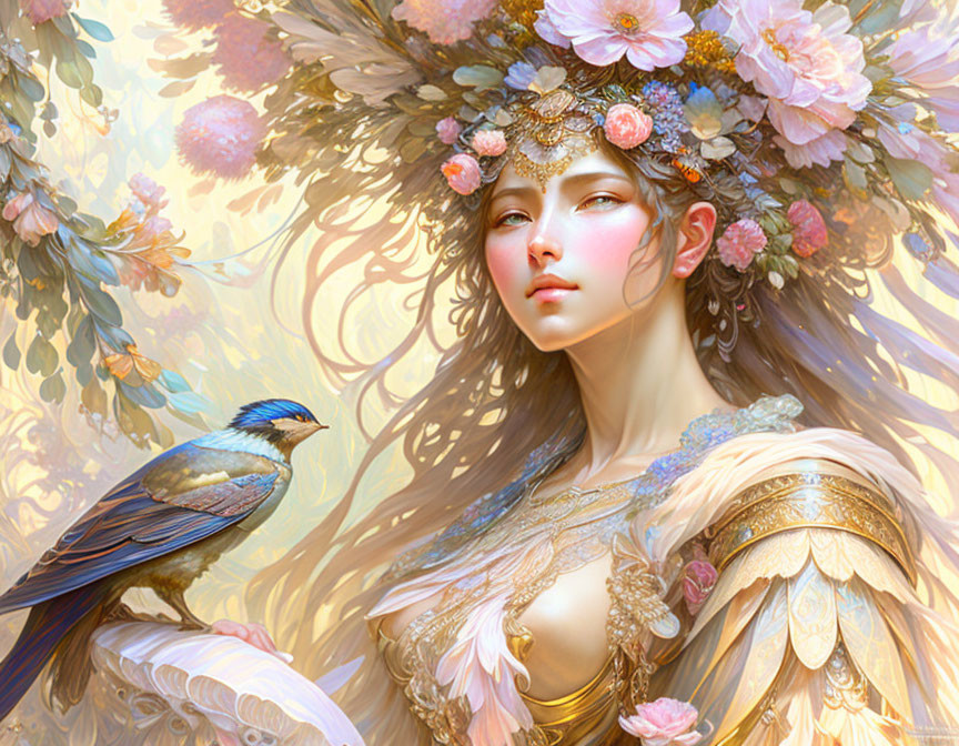 Fantastical woman with floral adornments and bird in soft hues