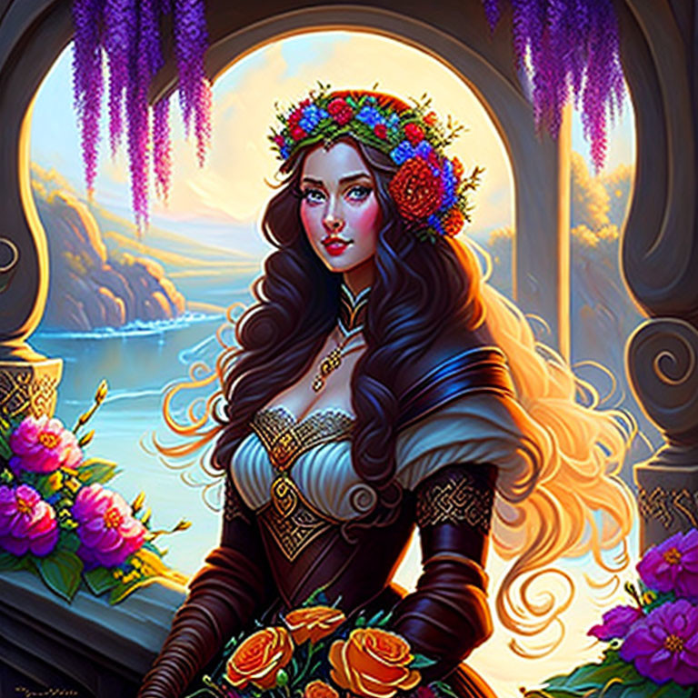 Fantasy woman portrait with floral crown and ocean view