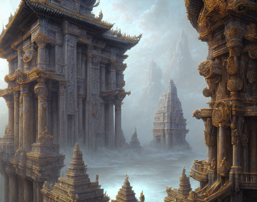 Majestic stone temples in misty mountain landscape