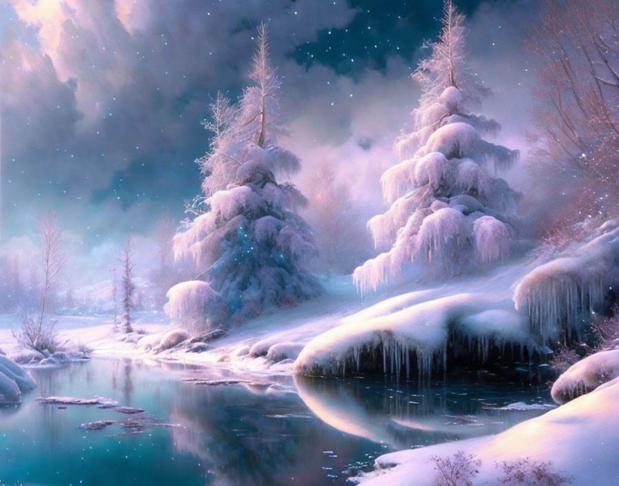 Snow-covered trees and icy river under twilight sky with stars.