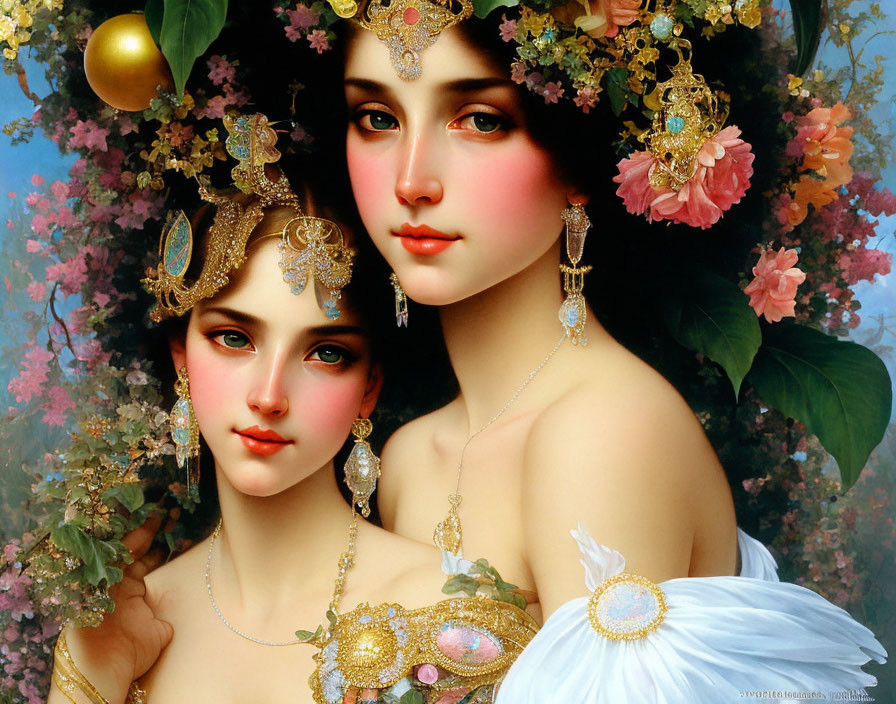 Elegant women in ornate floral setting with intricate jewelry