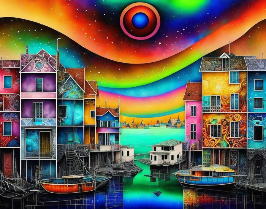 Vibrant houses by the sea with cosmic sky and surreal celestial object