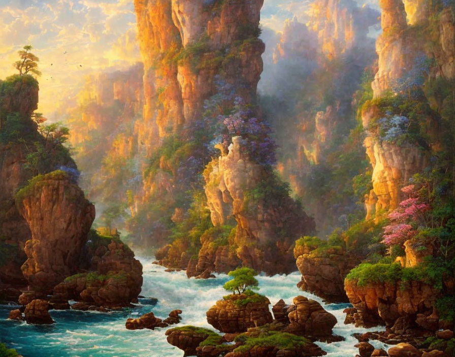 Majestic cliffs overlook misty valley with river & lush foliage