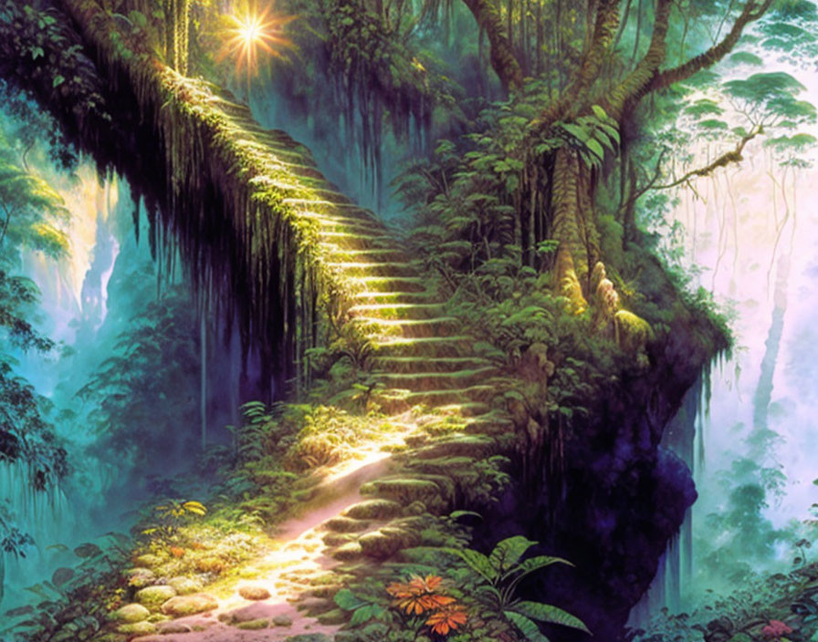 Radiant staircase in mystical forest with lush greenery