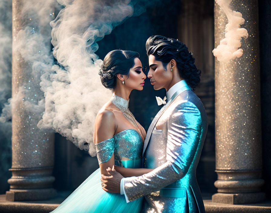 Formal attire couple in blue dress and shimmering suit embracing with smoky backdrop