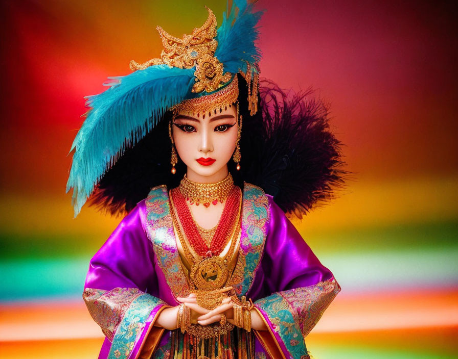 Asian Doll in Elaborate Costume with Feather Details and Jewelry on Rainbow Background