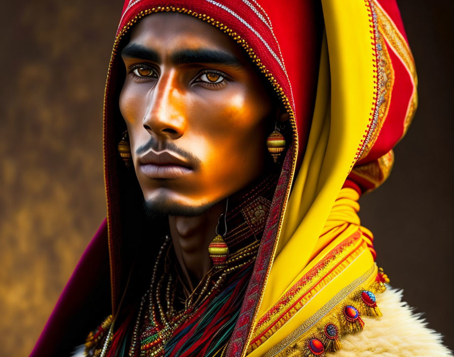 Portrait of a person with striking features in red and yellow head wrap and jewelry on warm background