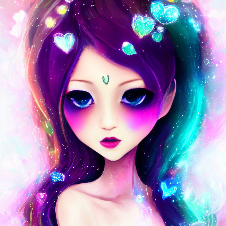 Vibrant female figure with purple hair and blue eyes on pink background