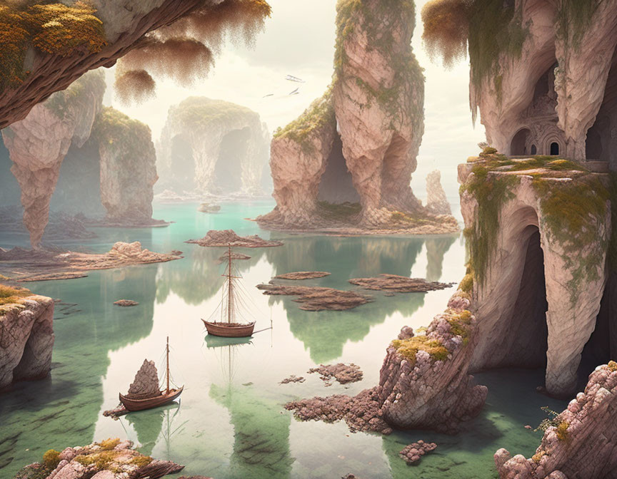 Tranquil fantasy landscape with rock formations, greenery, waters, boats, and cave