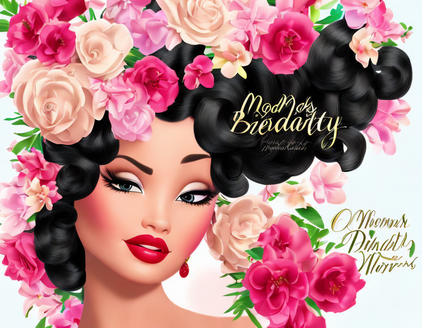 Illustration of woman with vintage hairstyle, adorned with pink and peach roses and elegant makeup, with promotional