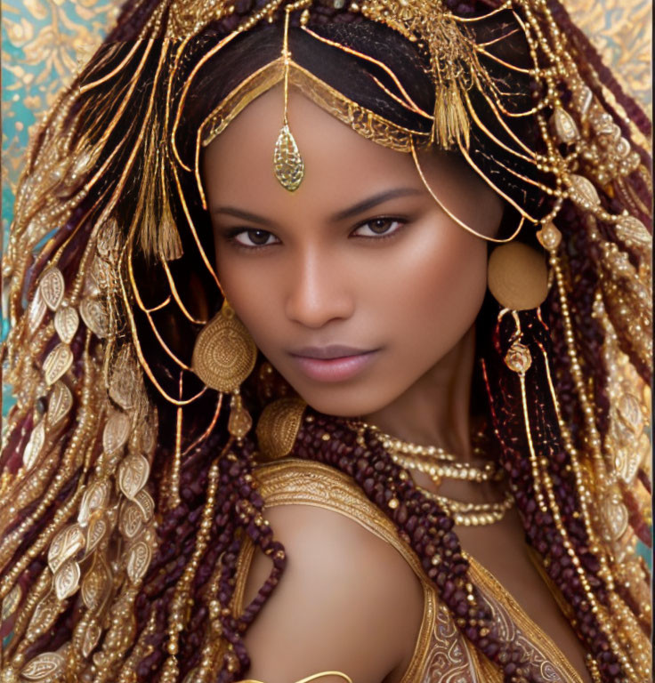 Portrait of a Woman in Gold Head Jewelry and Luxurious Ethnic Ornaments