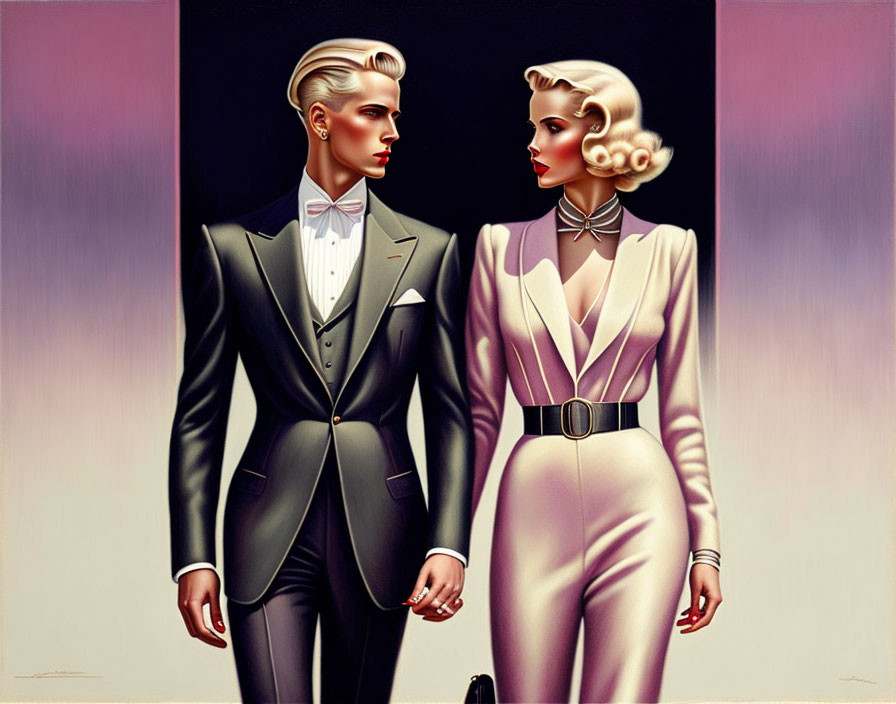 Stylized male and female figures in vintage fashion pose confidently