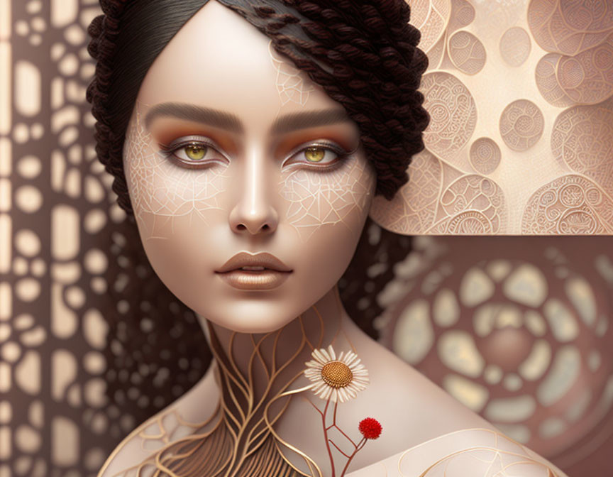 Digital artwork: Woman with gold patterns, braided hair, and daisy flowers.