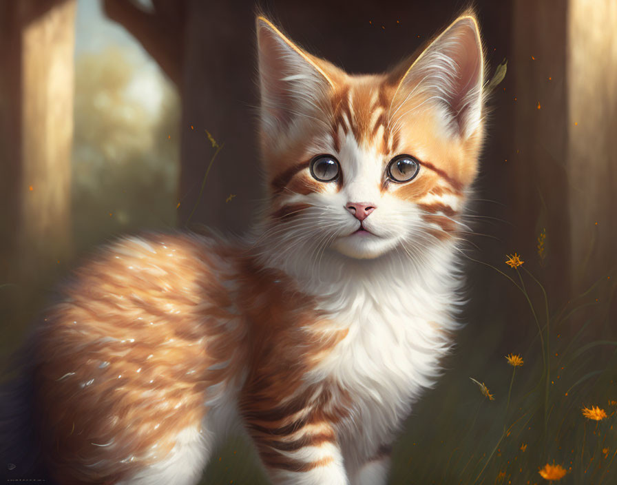 Fluffy orange and white kitten with green eyes in sunny dandelion scene