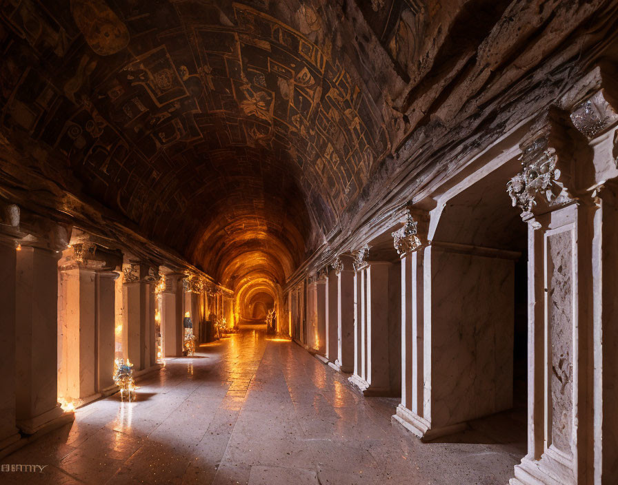 Ancient Hallway with Vaulted Ceiling, Frescoes, Soft Lighting, and Columns