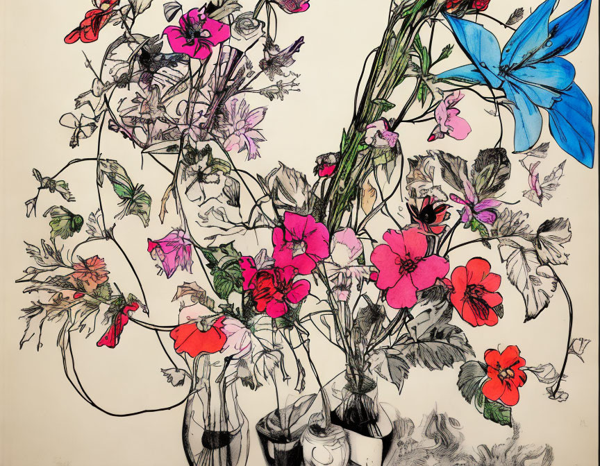 Sketch of Bouquet with Pink and Blue Flowers in Selective Colorization