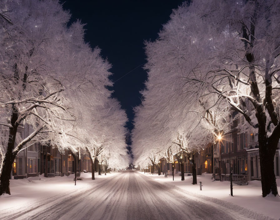 Snow-covered street at night with illuminated trees and buildings