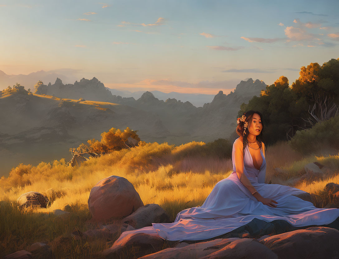 Woman in white amid rocks and sunlit scenery.