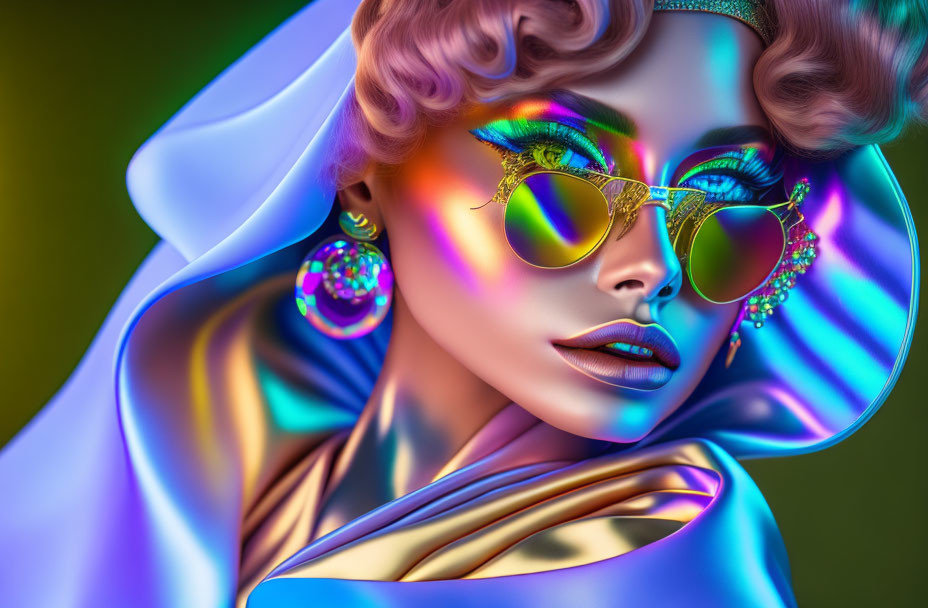 Colorful digital portrait of a woman with iridescent makeup and golden sunglasses