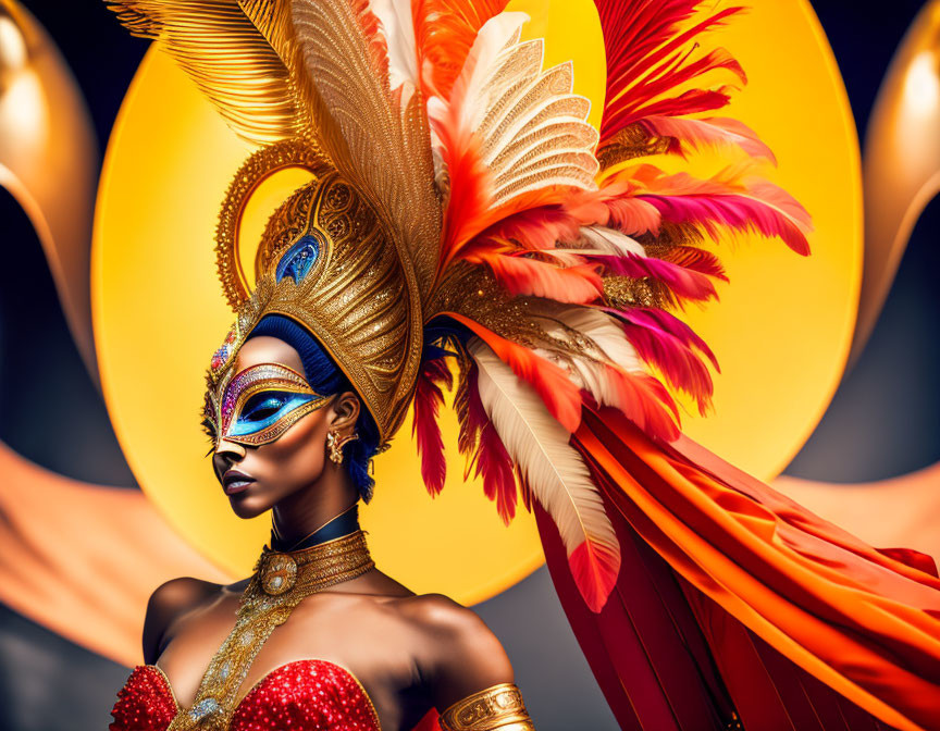 Elaborate feather headdress and masquerade mask with twin golden circles