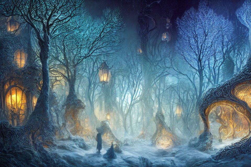 Enchanting snowy forest with glowing lanterns and tree houses