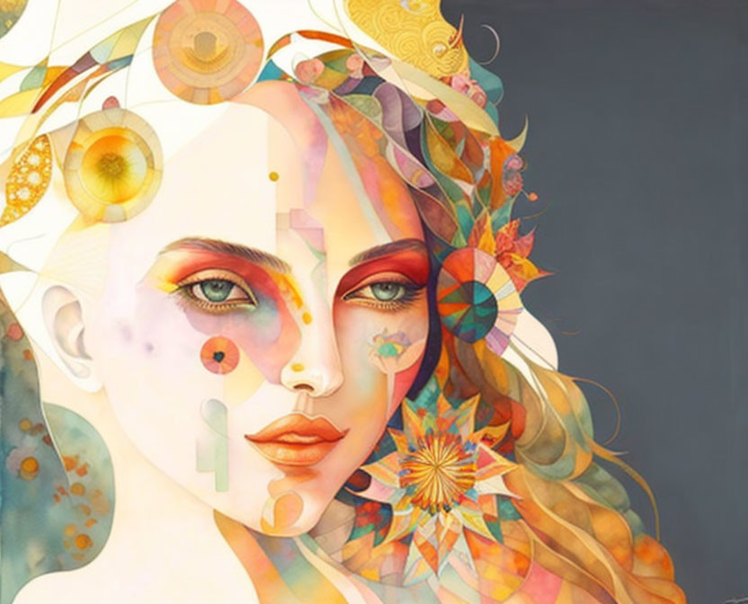 Colorful abstract patterns adorn woman's face, merging human form with cosmic and floral elements