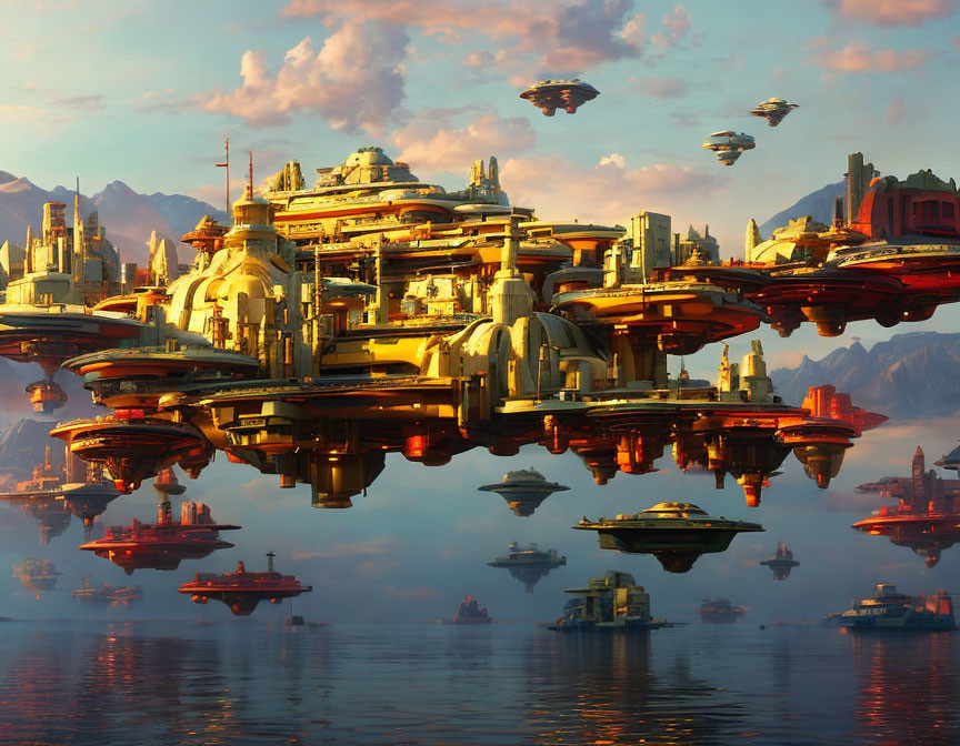 Futuristic cityscape with floating buildings and vehicles over water