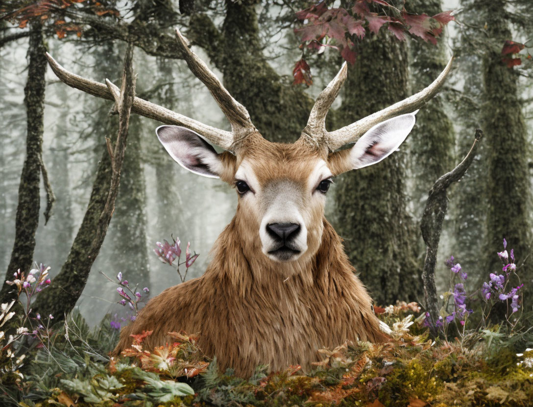 Person with Deer Head Surrounded by Flowers and Foggy Forest