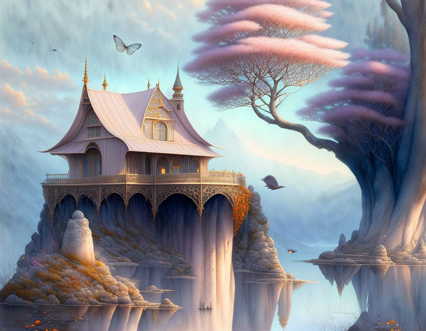 Fantasy landscape with treehouse, pink trees, lake, mountains, birds, butterfly