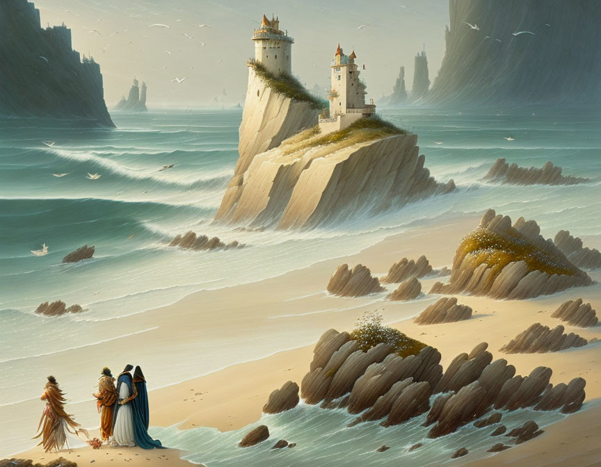Two individuals in robes on sandy beach with white towers and cliffs under hazy sky.