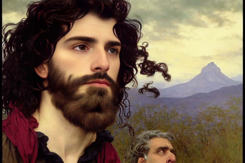 Digital painting of two men with dark hair and beard in serene landscape.