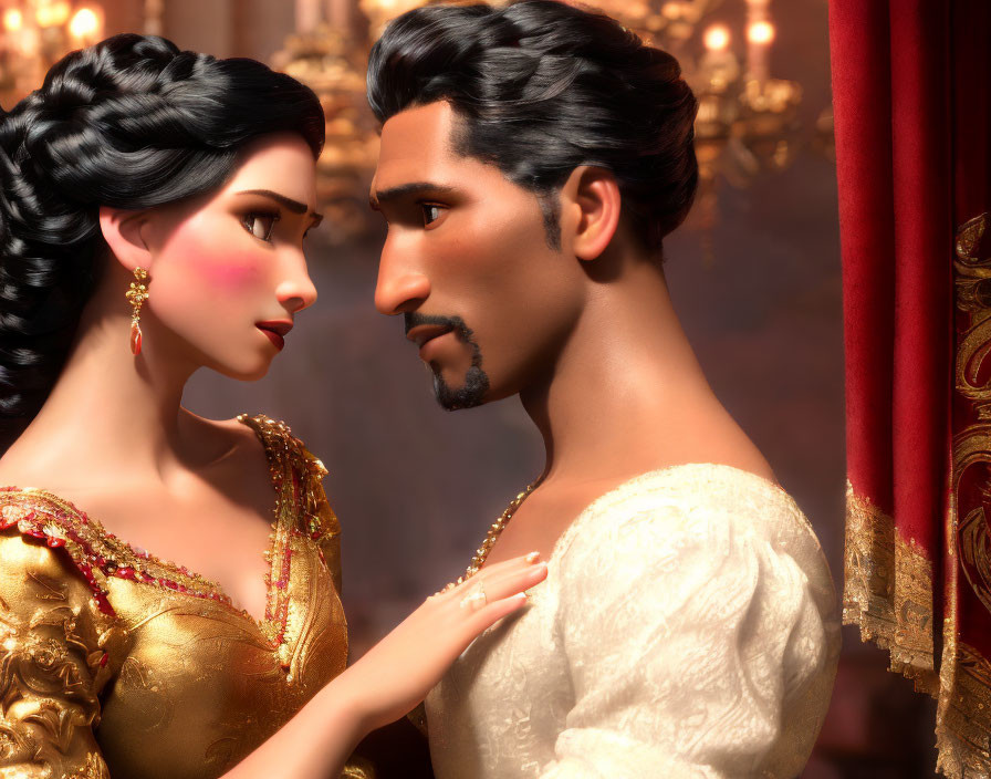 Royal attire: Animated man and woman in affectionate gaze