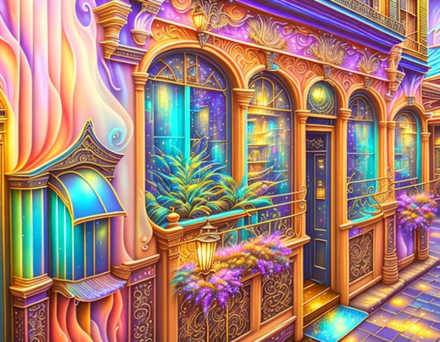 Colorful illuminated windows and lush plants in vibrant, whimsical street