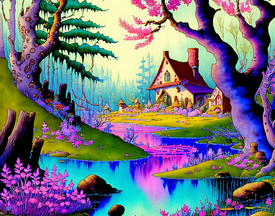 Colorful illustration: Quaint house by blue river with whimsical trees