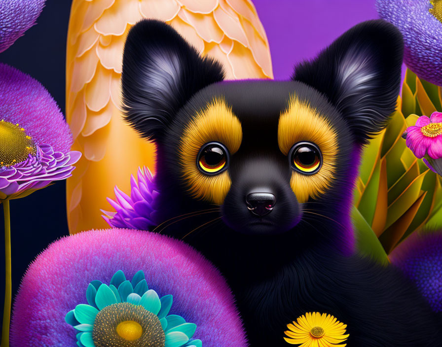 Colorful digital artwork: Black animal with large ears and yellow eyes amidst stylized flowers on purple.