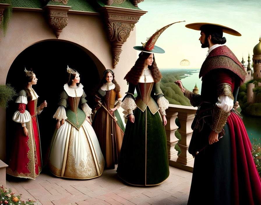 Renaissance-style painting of elegantly dressed figures in a palace courtyard