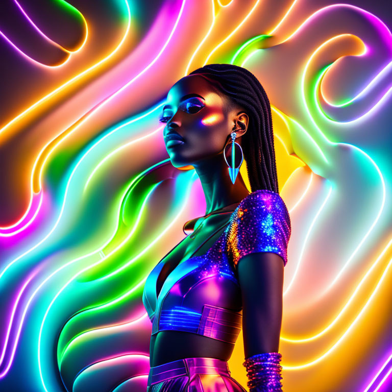 Braided hair woman under neon lights with swirling patterns