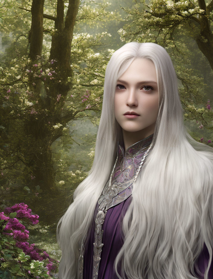 Person with Long White Hair in Purple Garb Amid Misty Forest