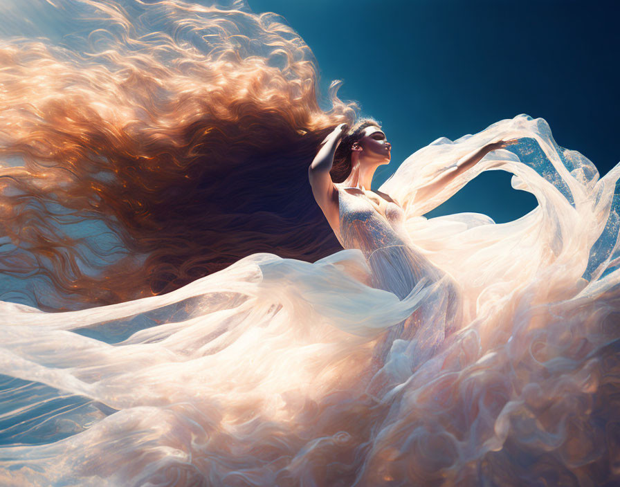 Woman in flowing dress emerges from flames on blue background