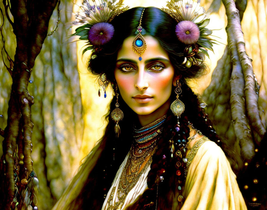 Ethereal woman with captivating eyes in nature setting.