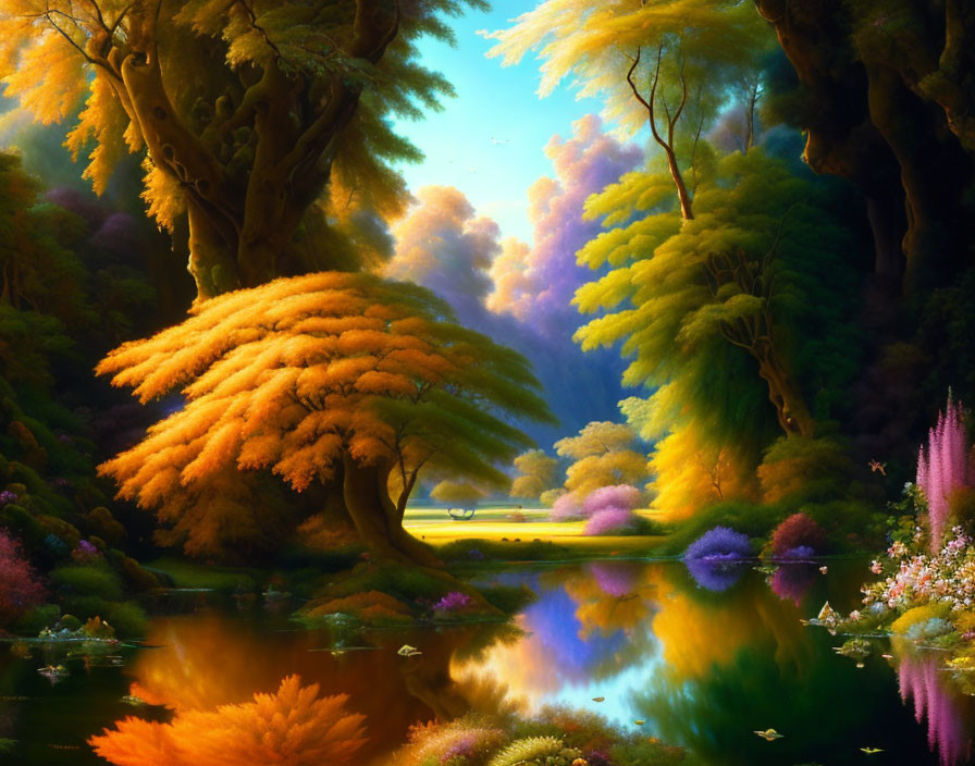 Colorful Landscape with Trees, Pond, and Dreamlike Atmosphere