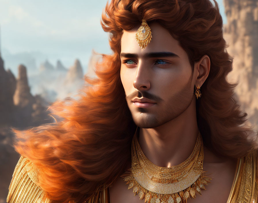 Regal man with auburn hair and golden jewelry in mountainous setting