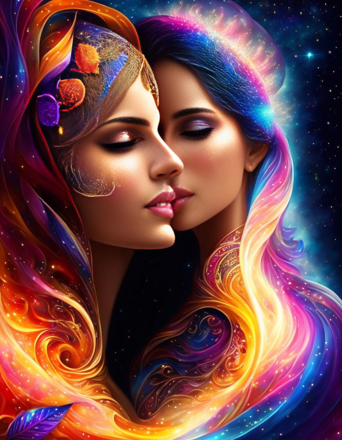 Stylized female faces in profile with cosmic colors and ornate details