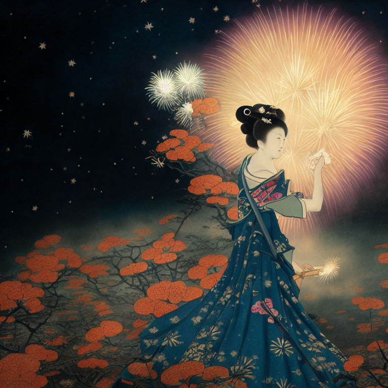 Traditional Japanese woman in kimono admires fireworks and florals at night