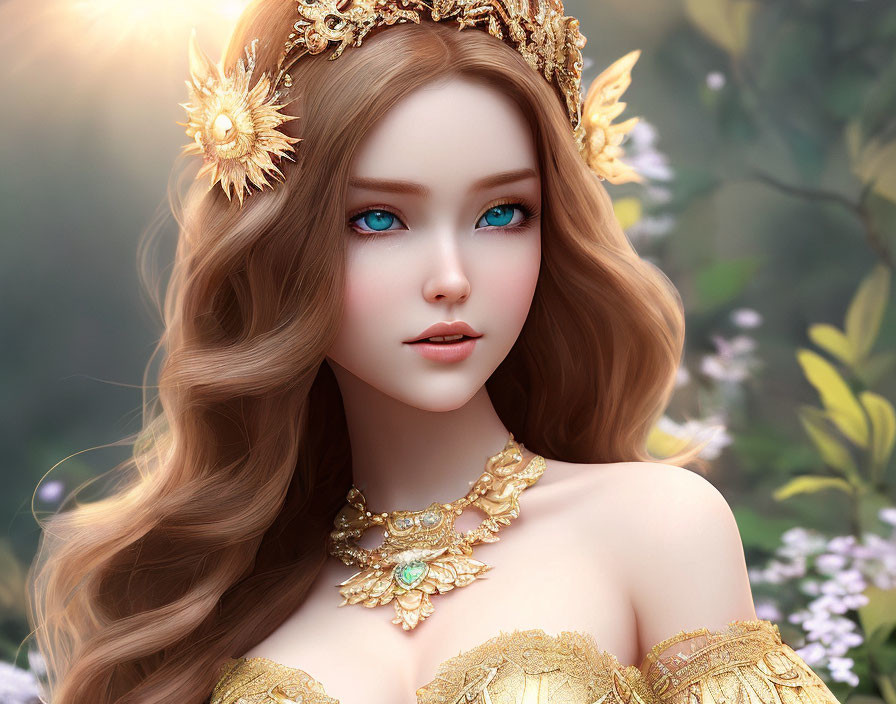 Fantasy female character with brown hair and blue eyes in gold crown and jewelry.