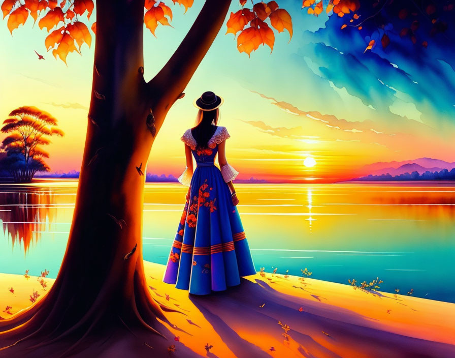 Woman in traditional dress admiring sunset by calm lake