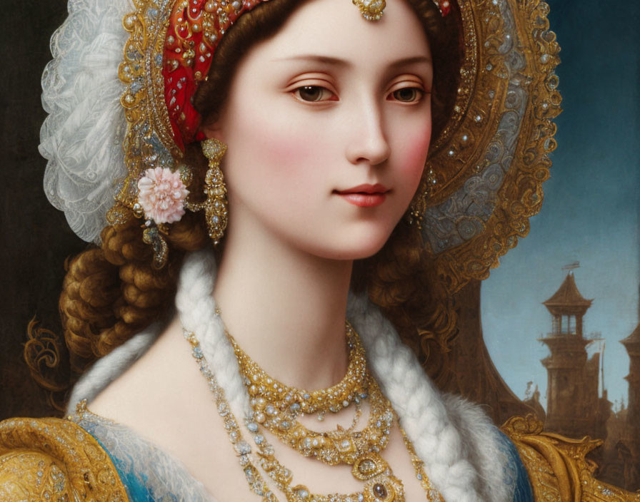 Detailed portrait of woman with intricate jewelry and headdress in period attire against architectural backdrop