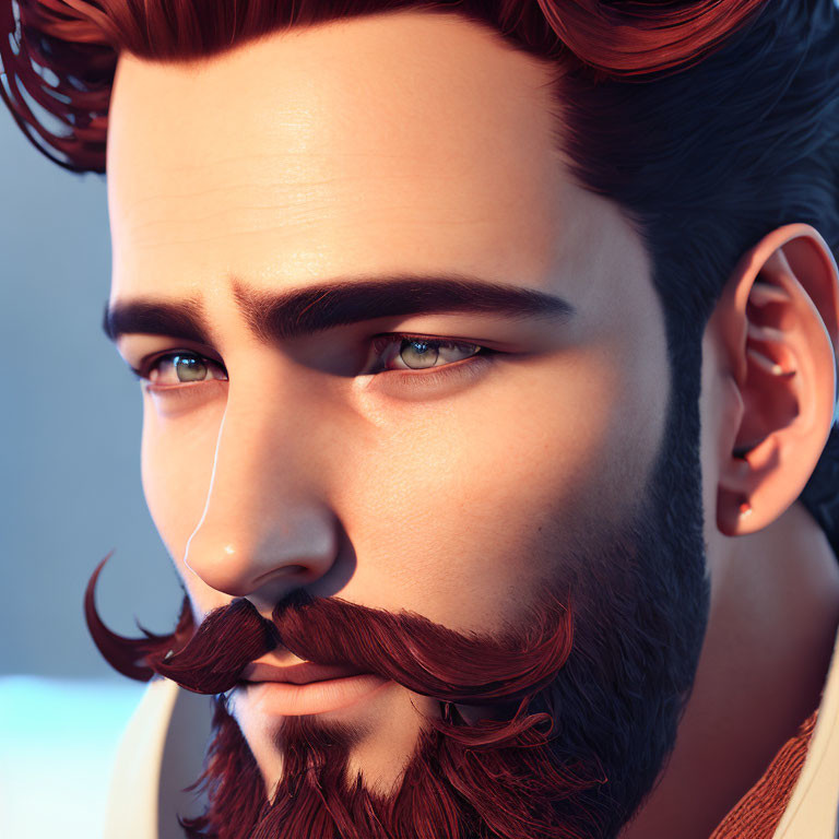 Stylized 3D male character with beard, mustache, blue eyes, and aub