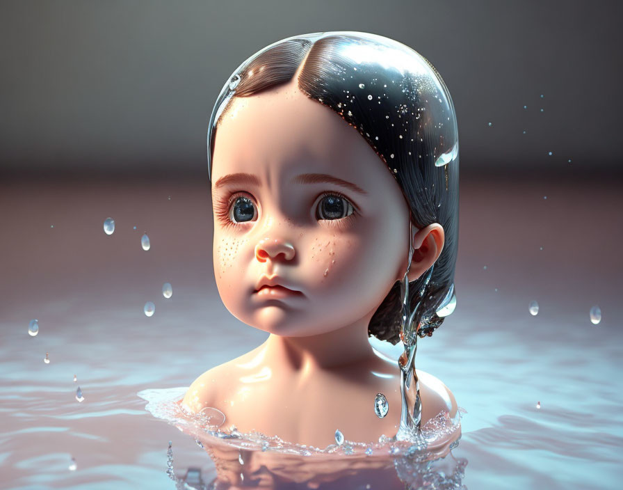 Child's head 3D rendering with water creating glass-like cap