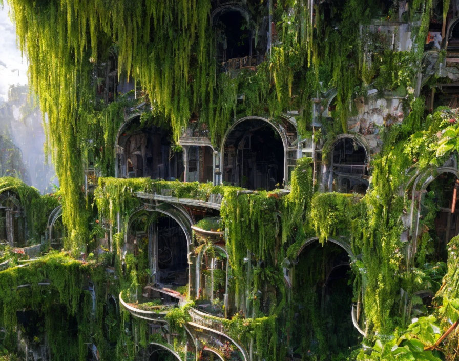 Ancient multi-level structure embraced by lush green foliage